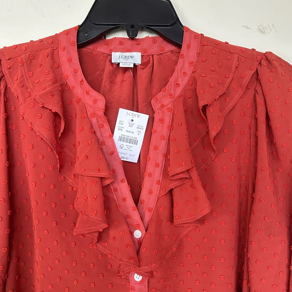 Burnt Orange Polka Dot J. Crew Long Sleeve Blouse Size S NWT - Picture 2 of 10